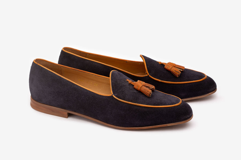 Luxury Navy Suede With Tan Border Tassel-Belgian Loafer