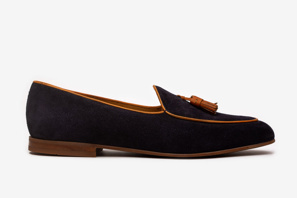 Luxury Navy Suede With Tan Border Tassel-Belgian Loafer