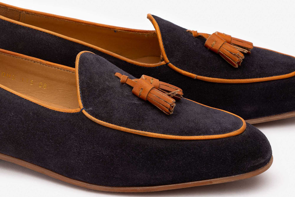 Luxury Navy Suede With Tan Border Tassel-Belgian Loafer