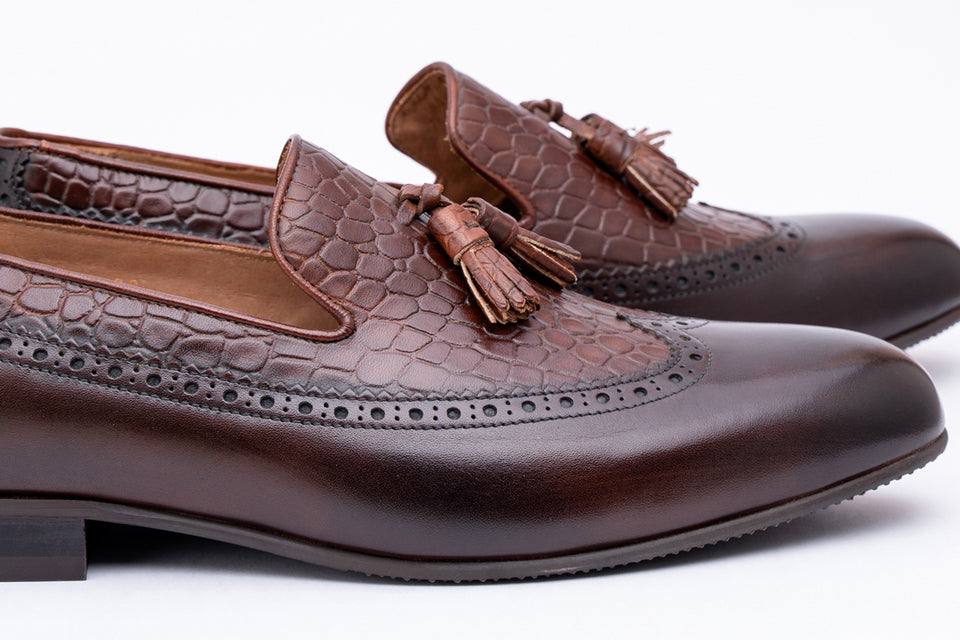 Croco Brown Blucher Brogue Tassel Penny Loafer