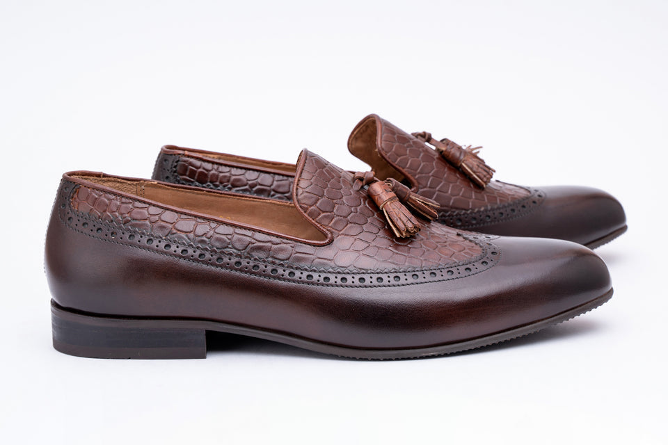 Croco Brown Blucher Brogue Tassel Penny Loafer