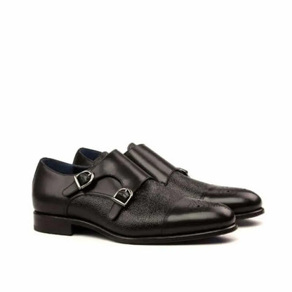 Black Milled Toe Design Double Monk Strap Shoe