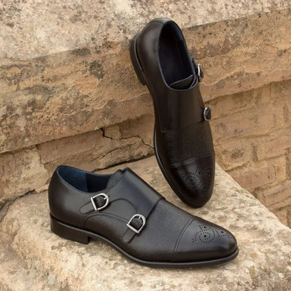 Black Milled Toe Design Double Monk Strap Shoe