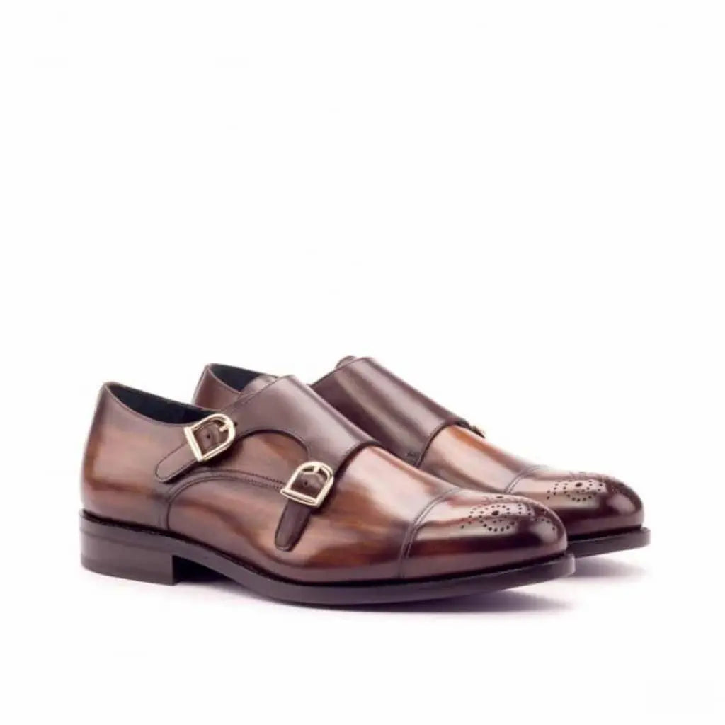 Wood Finish Cognac Toe Design Leather Double Monk Strap Shoe