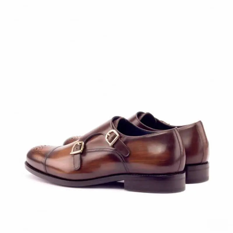 Wood Finish Cognac Toe Design Leather Double Monk Strap Shoe