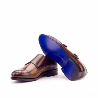 Wood Finish Cognac Toe Design Leather Double Monk Strap Shoe