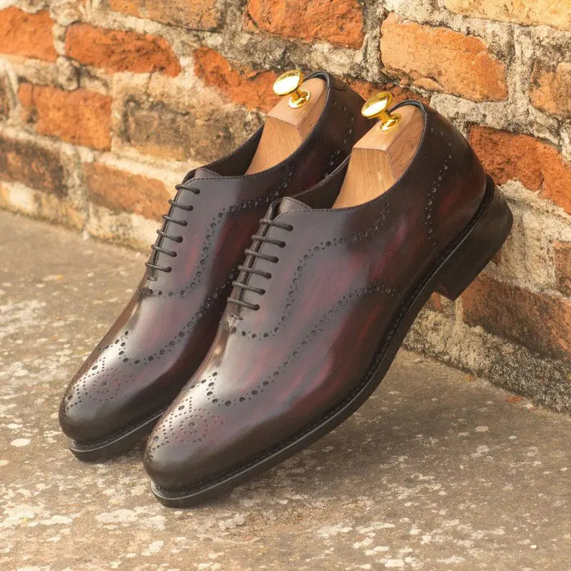 Burgundy Wood Texture Black Tone Leather Brogue Wholecut Derby Shoe