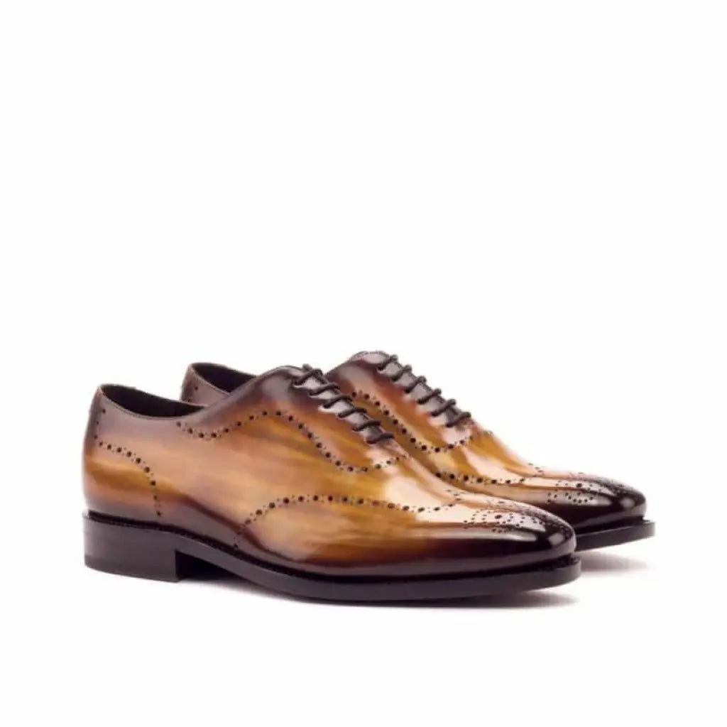 Cognac Handpainted Tmorro Two Tone Leather Brogue Wholecut Derby Shoe