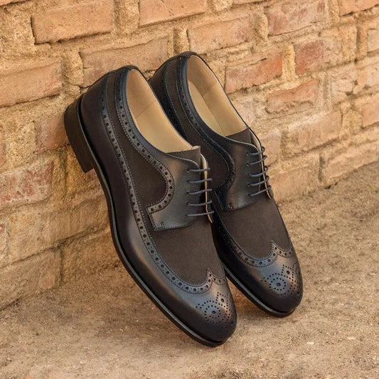 Longwing Royal Black Crust And Suede Leather Brogue Shoe For Men