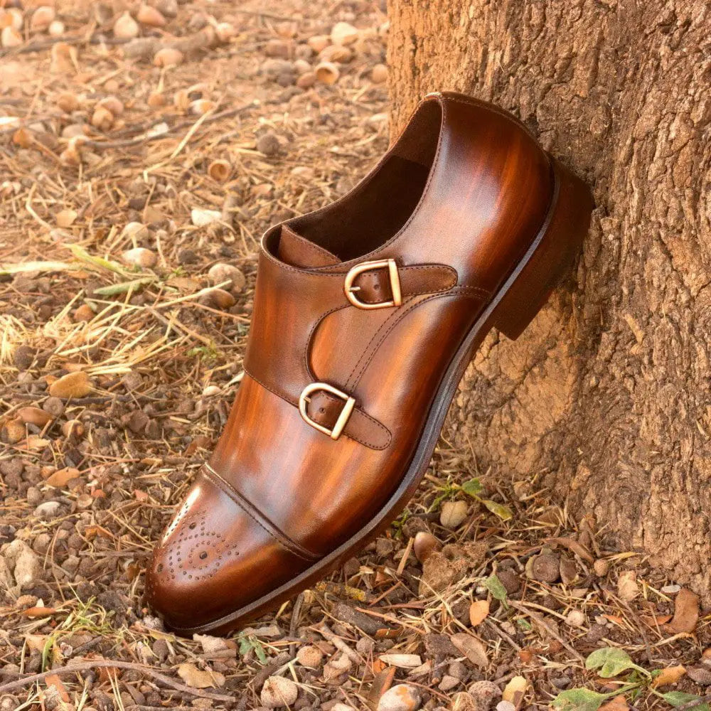 Premium Cognac Handpainted Double Monk Strap Shoe