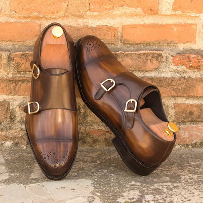 Wood Finish Cognac Toe Design Leather Double Monk Strap Shoe