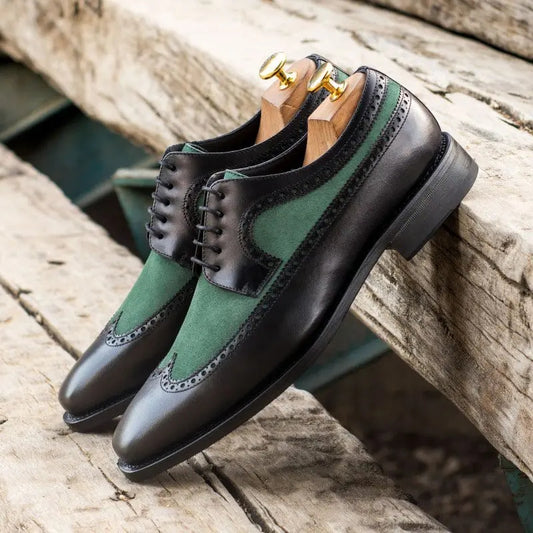 Hemsworth Long-Wing Black & Green Brogue Shoe