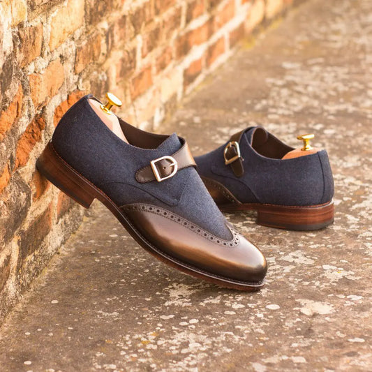 Christopher Patina Wingtip Navy Suede Single Strap Monk