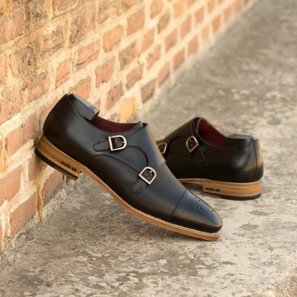 Carter Full Black Natural Sole Brogue Double Strap Monk