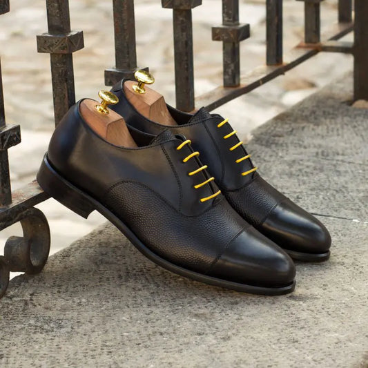 Pure Black Yellow Lace Up Leather Oxford Shoes