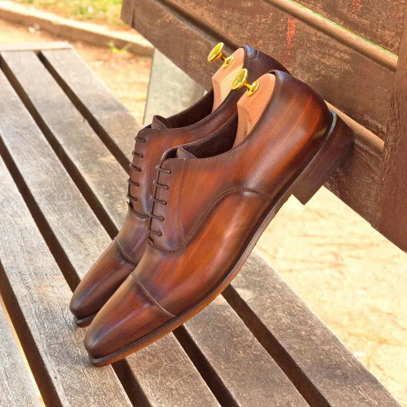 Cognac Handpainted Flat Toe Leather Oxford Shoes