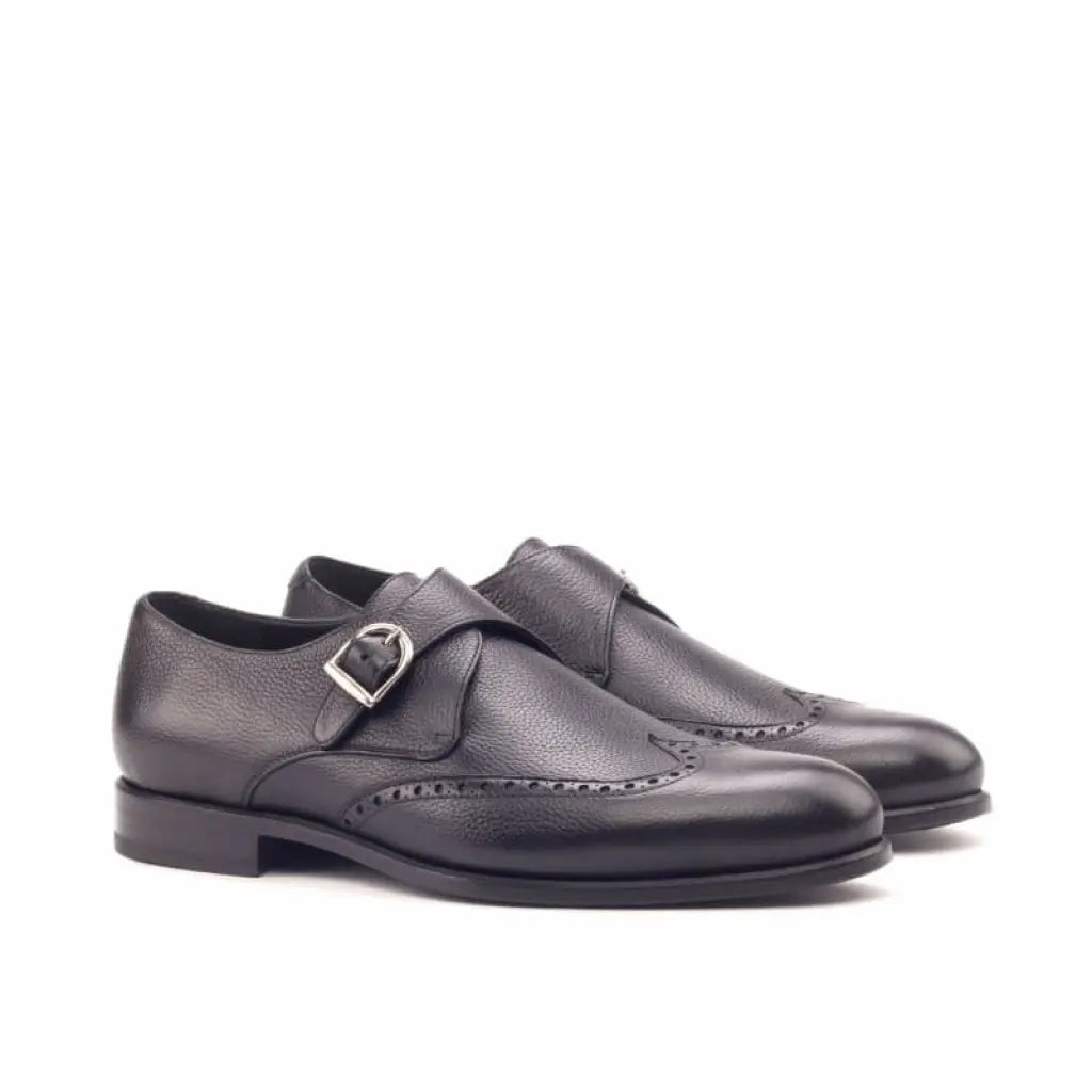 Derek Full Black Milled Brogue Single Strap Monk