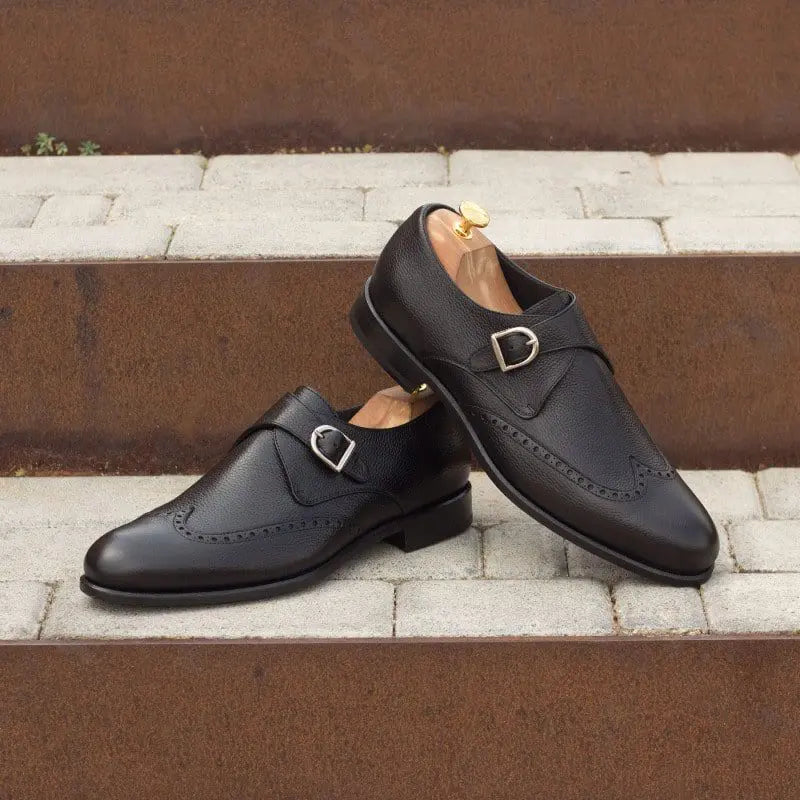 Derek Full Black Milled Brogue Single Strap Monk