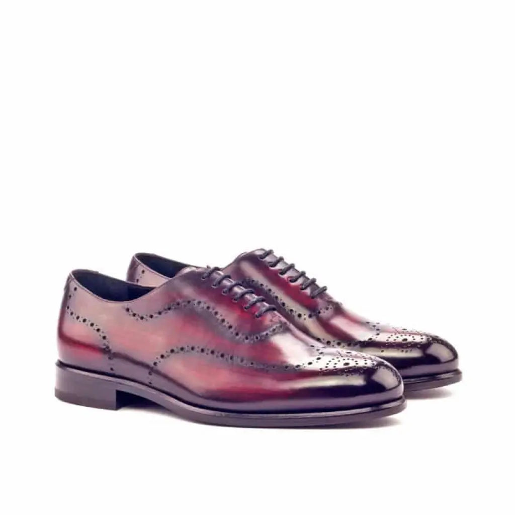 Cherry With Black Two Tone Brogue Design Leather Wholecut Derby Shoe