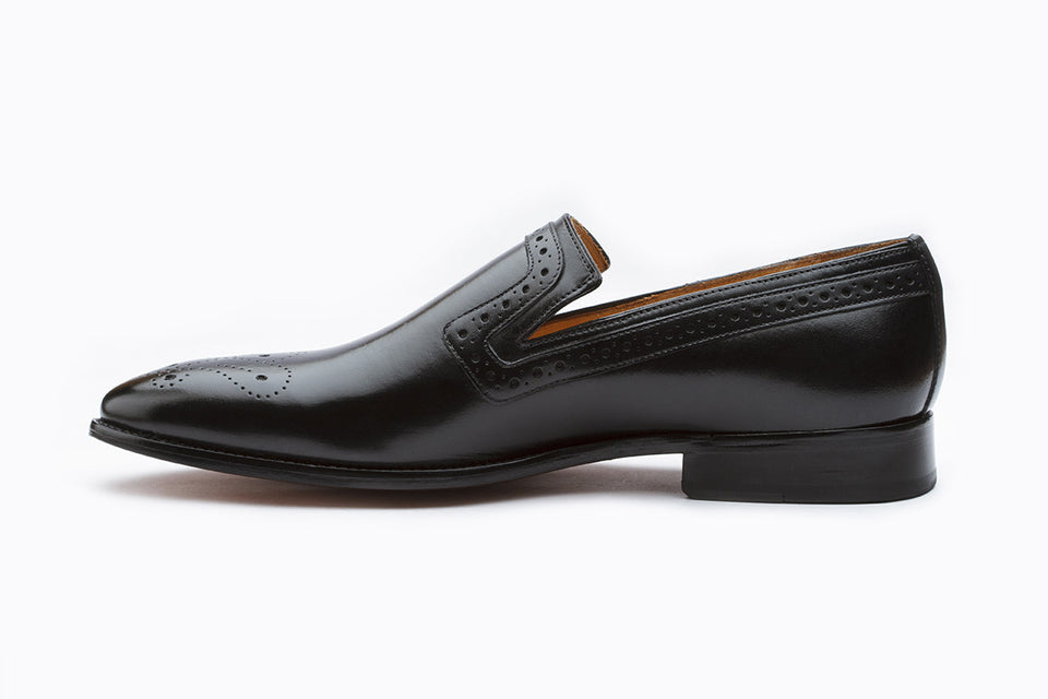 John Box Black Calf Brogue Penny Loafer