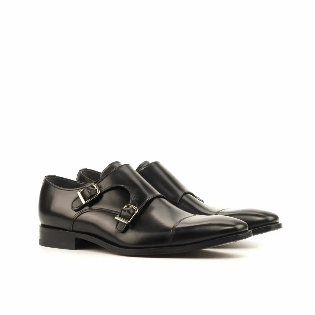 Brett Full Black Natural Sole Flat Toe Double Strap Monk