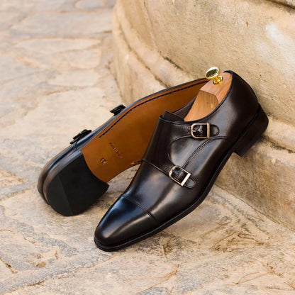 Brett Full Black Natural Sole Flat Toe Double Strap Monk