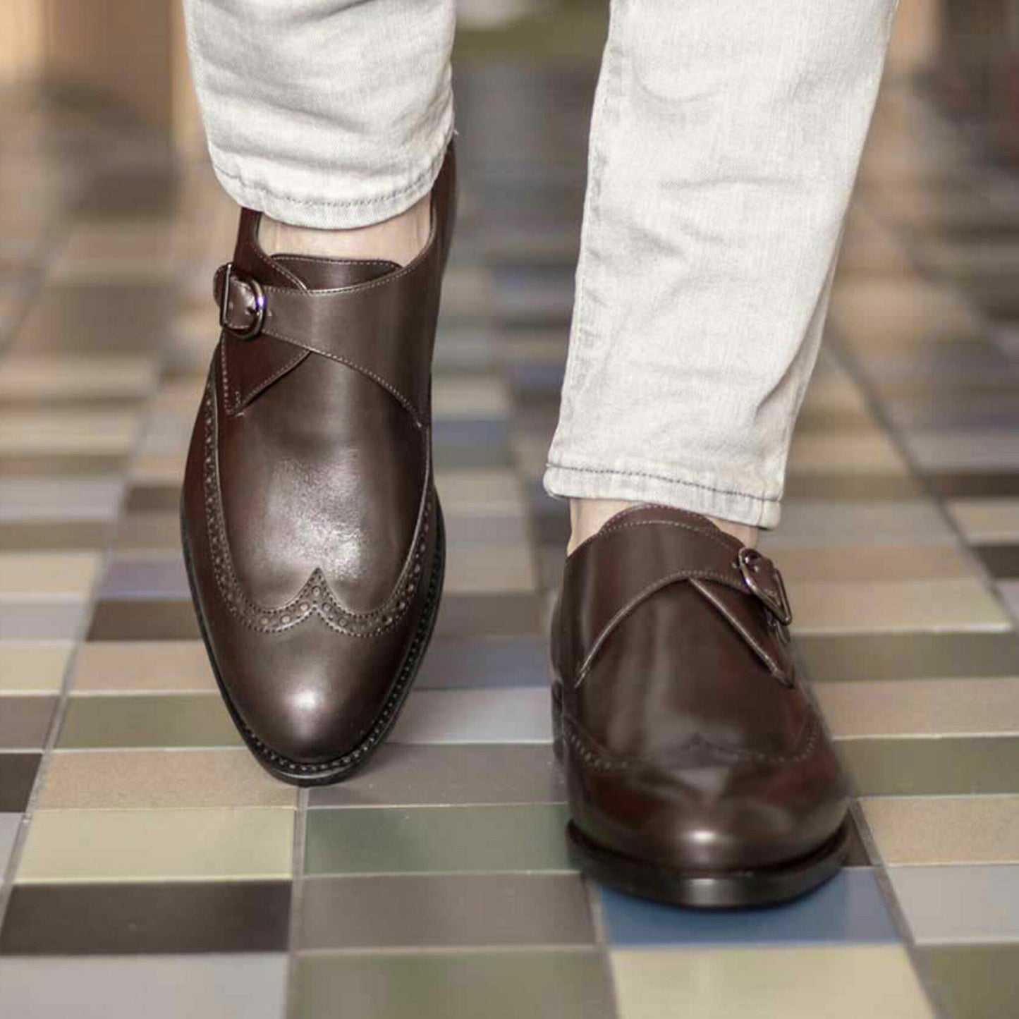 Wingtip Brown Box Calf Single Brogue Strap Monk