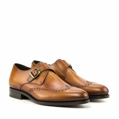 Premium Tan Two Tone Texture Single Brogue Strap Monk