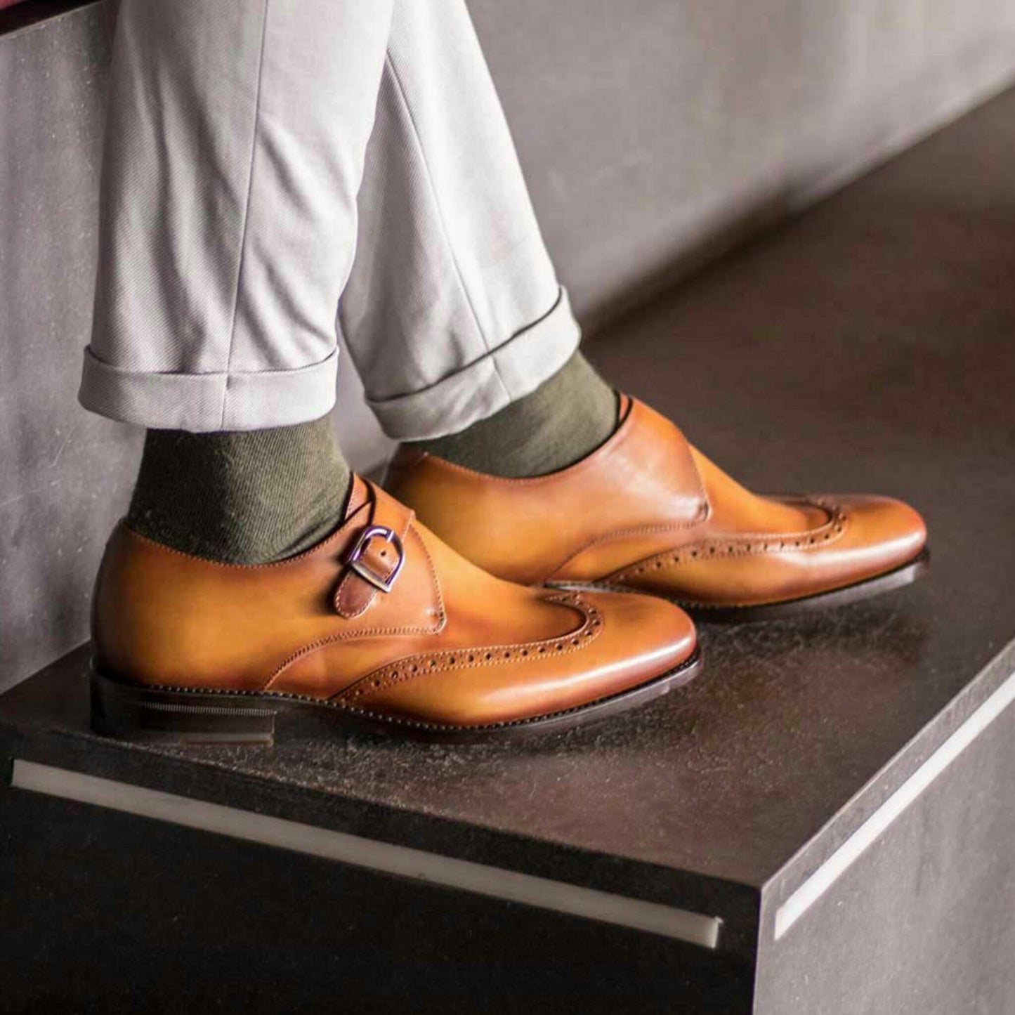 Premium Tan Two Tone Texture Single Brogue Strap Monk