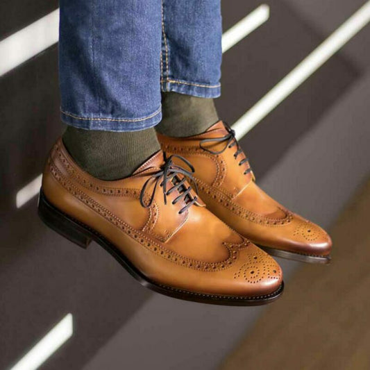 Tan Calf Longwing Blucher  Brogue Shoe